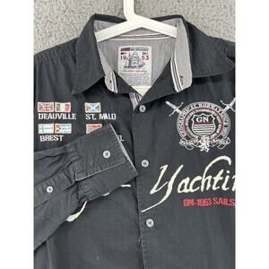 Geographical Norway Mens Large Button Down Shirt Black Stitched Patches Cotton‎